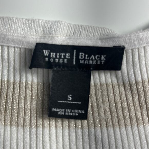 WHBM Women's Striped Shimmer V-Neck Sweaters Size Small Beige and White Pullover - Picture 5 of 9